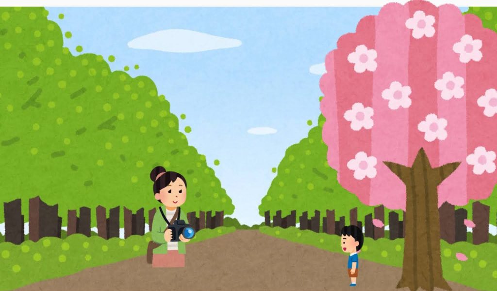 子供を桜の下に立たせて、立ったまま撮っている